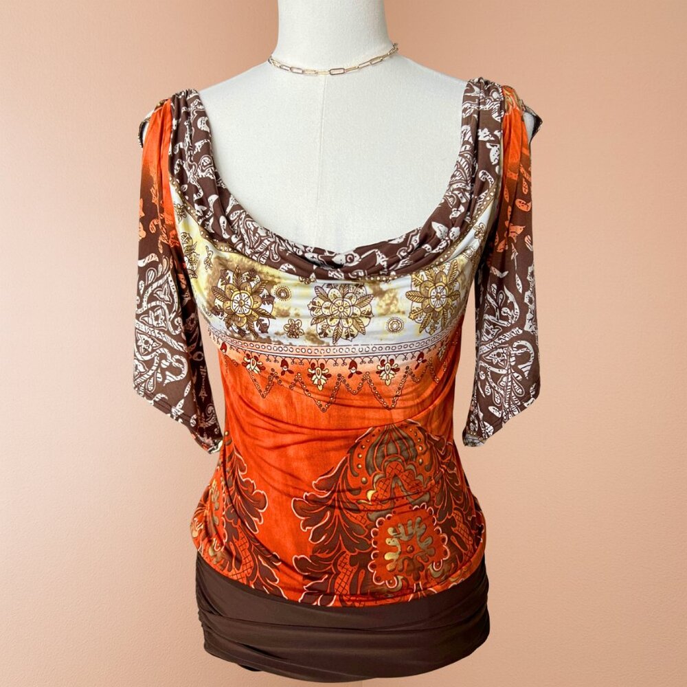 Y2K Brown & Orange Printed Ruched Hem Dress – Body Central